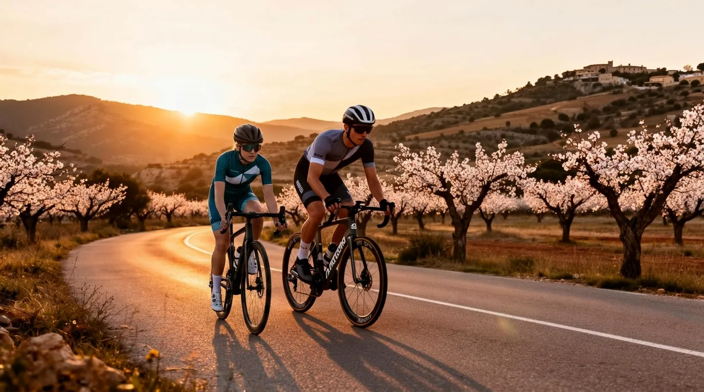 Ciclista pedaleando por carreteras de Mallorca al amanecer